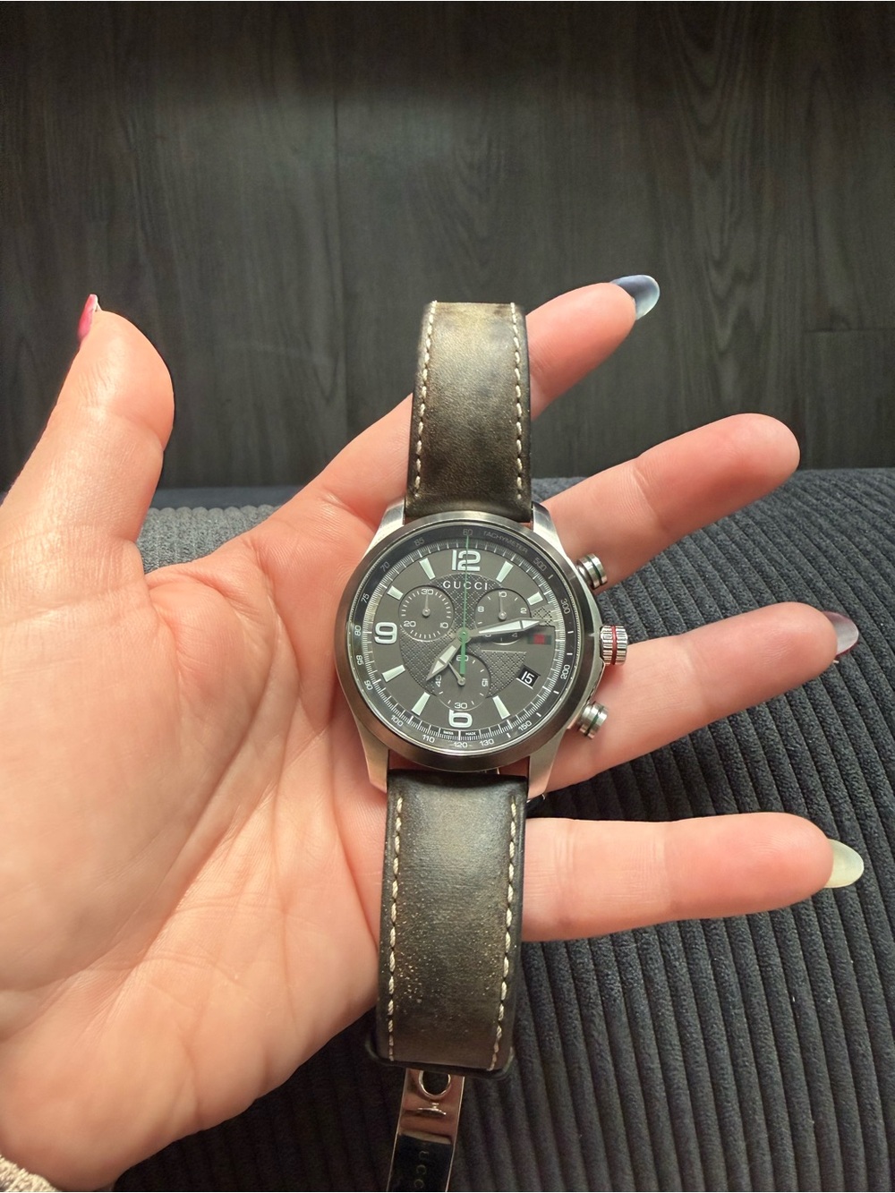 Gucci Chronograph Watch — Silver Dial, Brown Leather Strap